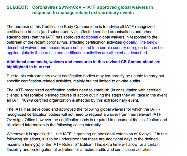 所有16949认证的企业，注意了！IATF有关应对疫情的最新公告更新了！